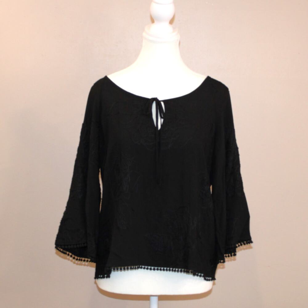 Women's inTu Boho Embroidered, Pom Pom Trim, Black SZ XL